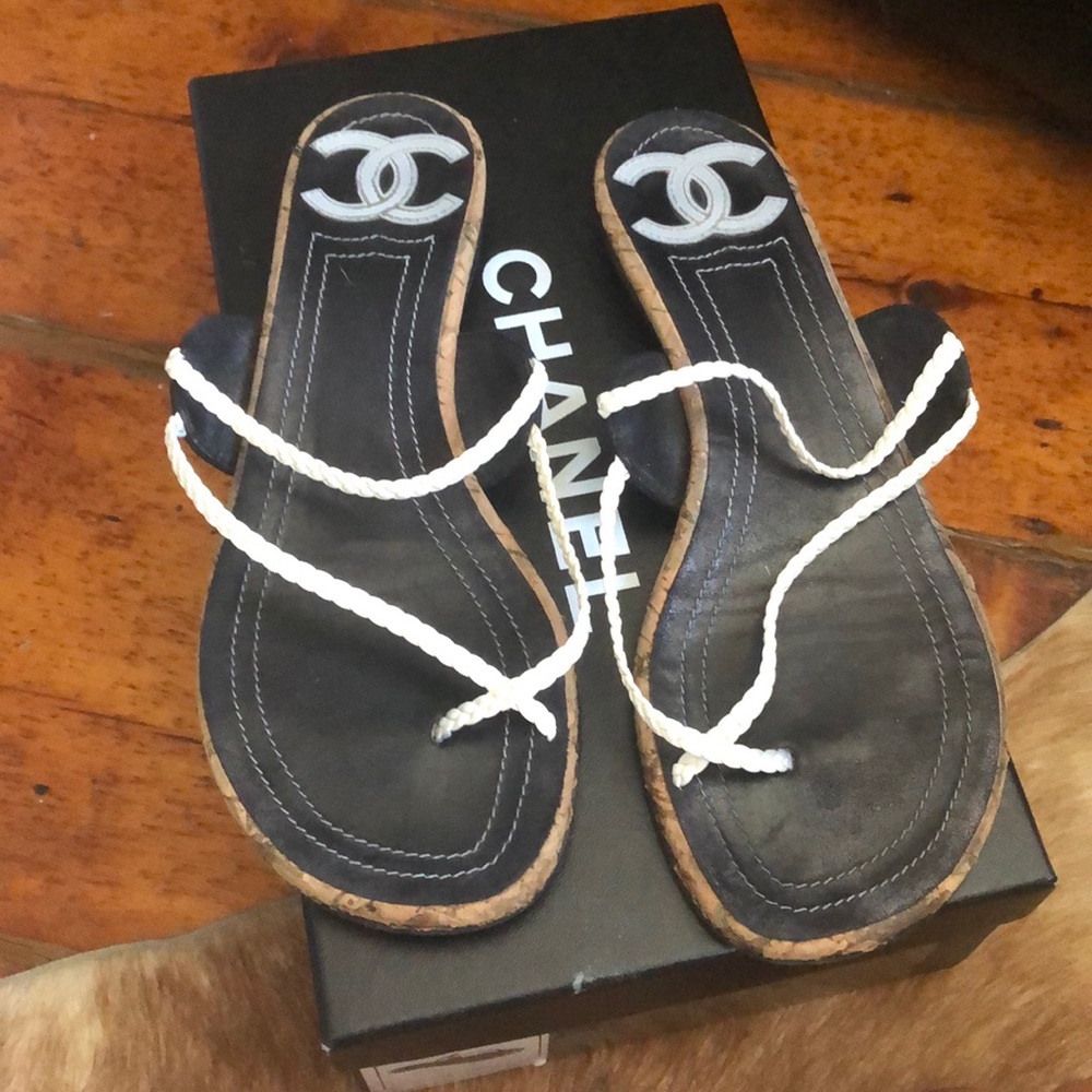Chanel white braided leather and cork flat sandal